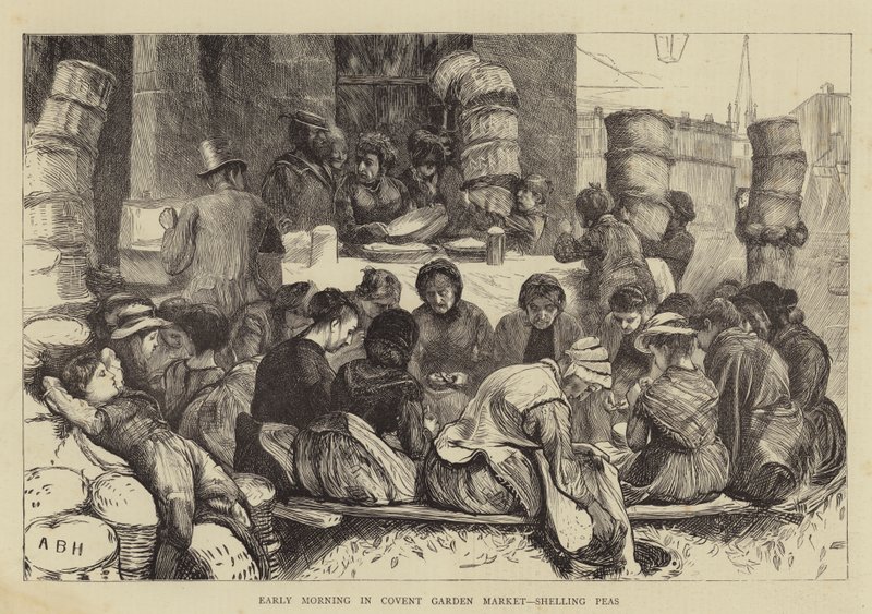 Temprano en la mañana en el mercado de Covent Garden, desgranando guisantes de Arthur Boyd Houghton