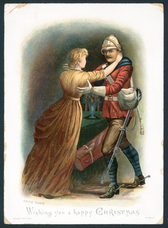 De vuelta a casa - tarjeta de felicitación navideña (cromolitografía) de Arthur Charles Payne