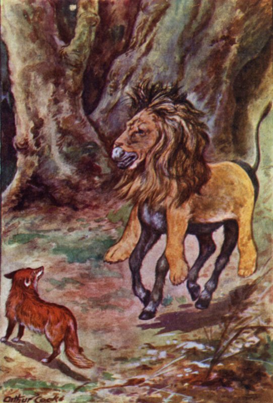 Fábulas de Esopo: El asno en la piel del león (litografía en color) de Arthur Claude Cooke