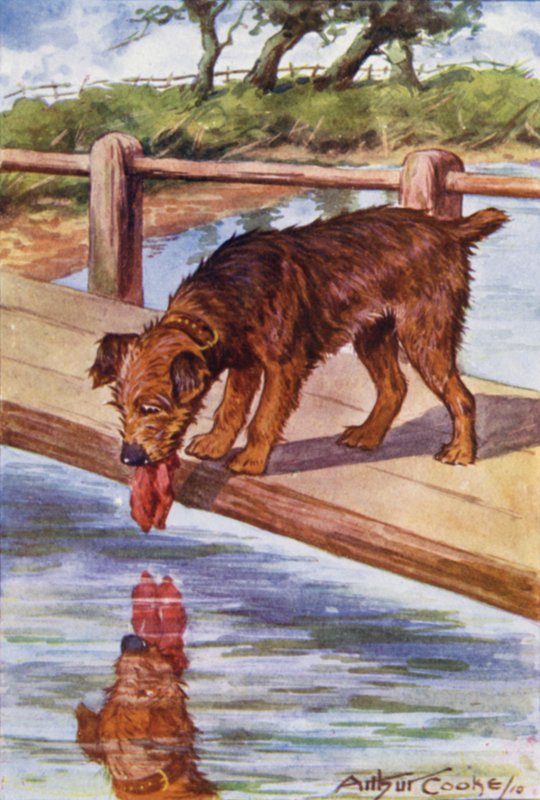 Fábulas de Esopo: El perro y la sombra (litografía en color) de Arthur Claude Cooke