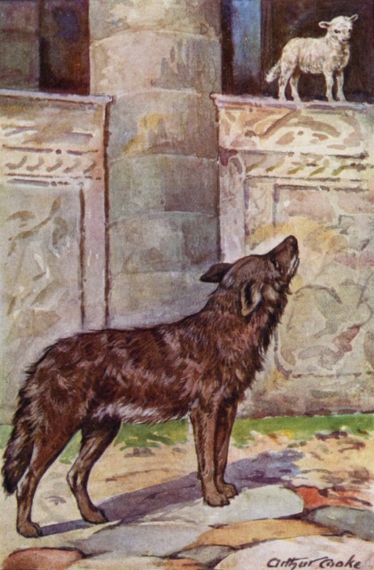 Fábulas de Esopo: El niño y el lobo (litografía en color) de Arthur Claude Cooke