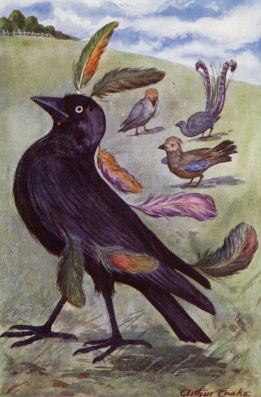 Fábulas de Esopo: El grajo vano (litografía en color) de Arthur Claude Cooke