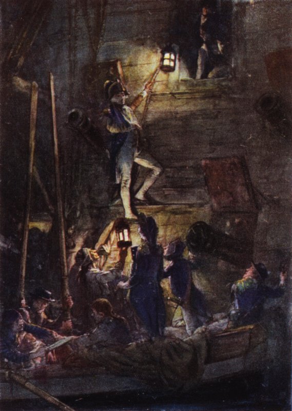 Nelson subiendo a bordo del Theseus para que le amputen el brazo de Arthur David McCormick