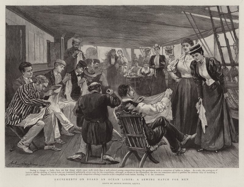 Diversiones a bordo de un transatlántico, una competencia de costura para hombres de Arthur Hopkins