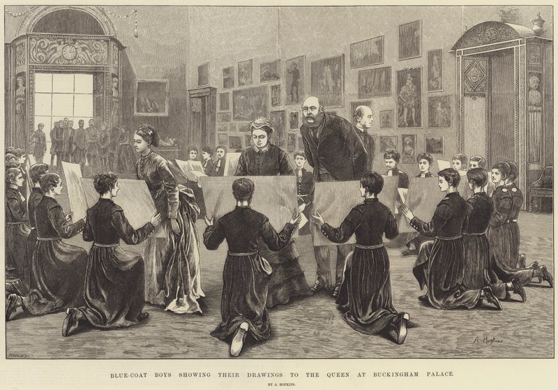 Niños de Blue-Coat mostrando sus dibujos a la Reina en el Palacio de Buckingham de Arthur Hopkins