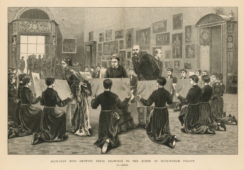 Chicos de Blue Coat mostrando sus dibujos a la reina en el Palacio de Buckingham de Arthur Hopkins