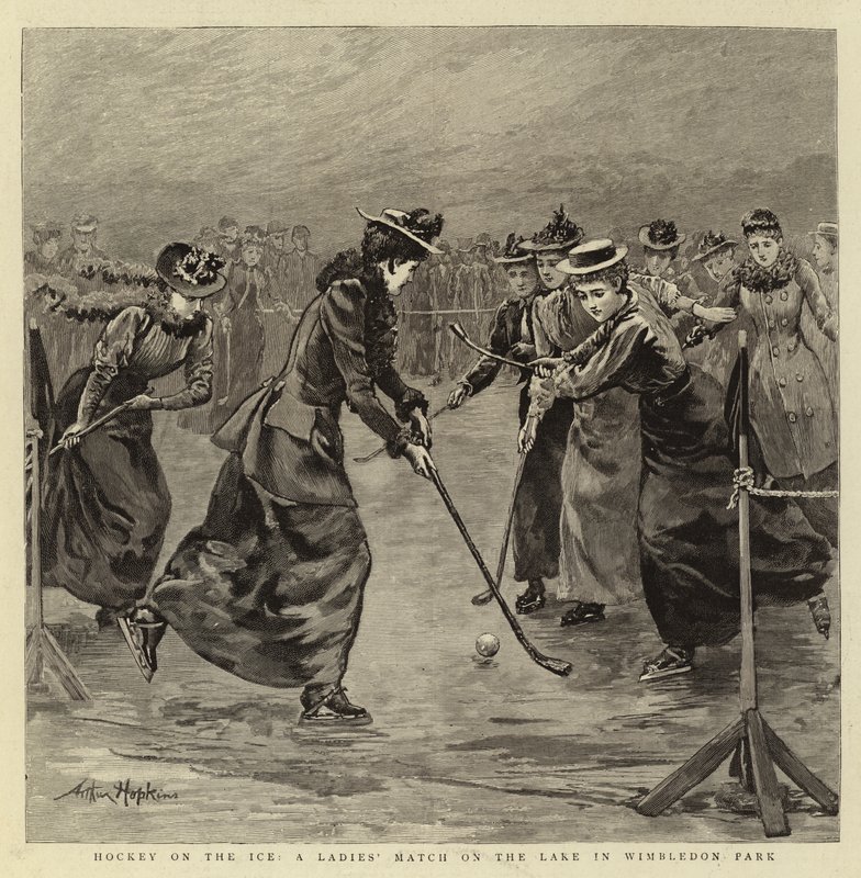 Hockey sobre hielo, un partido de damas en el lago en Wimbledon Park de Arthur Hopkins