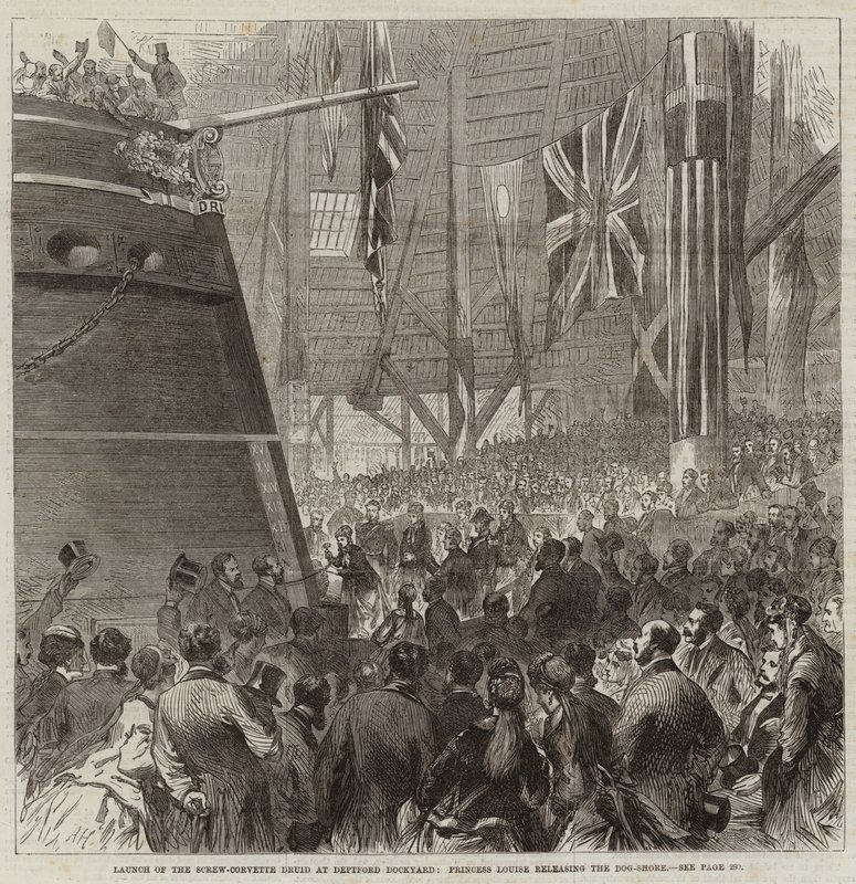 Lanzamiento de la corbeta de tornillo Druid en el astillero de Deptford, la Princesa Louise liberando el Dog-Shore de Arthur Hopkins