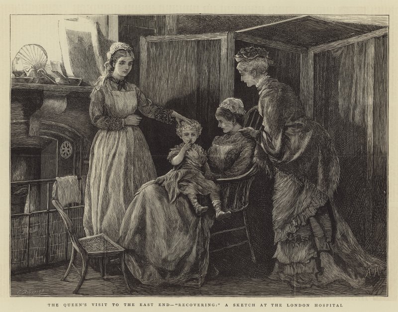 La visita de la reina al East End, recuperándose, un boceto en el Hospital de Londres de Arthur Hopkins