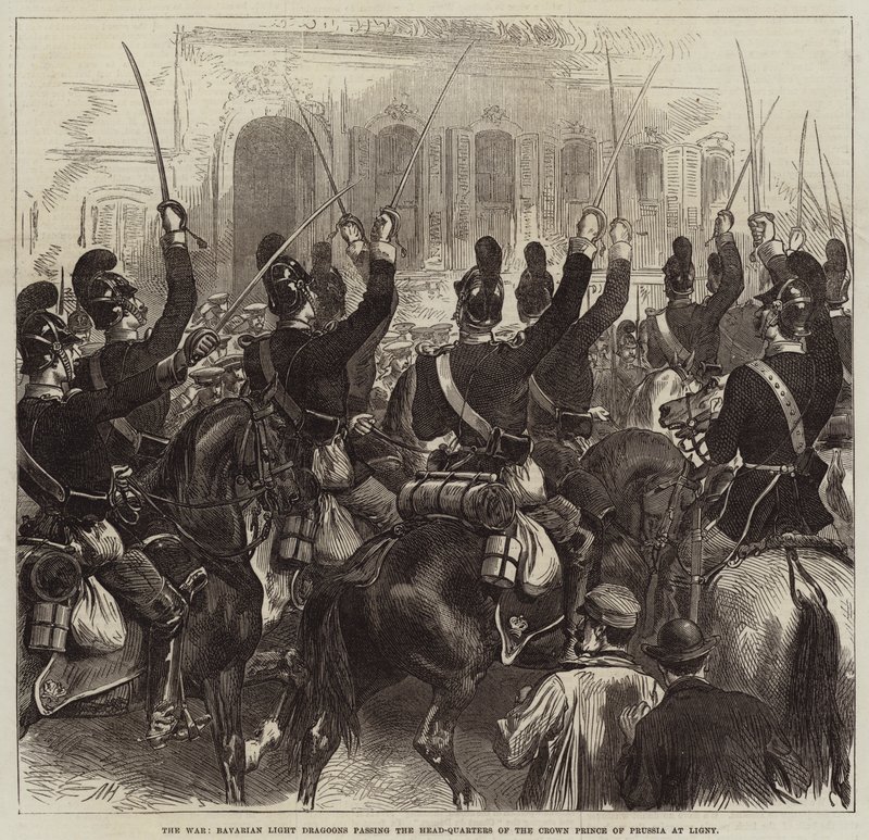 La guerra, Dragones Ligeros Bávaros pasando por el Cuartel General del Príncipe Heredero de Prusia en Ligny de Arthur Hopkins