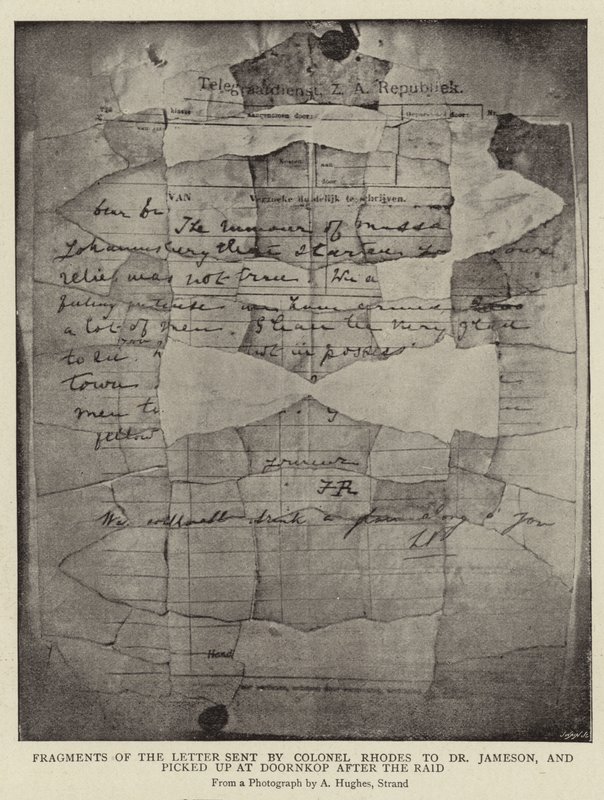 Fragmentos de la carta enviada por el Coronel Rhodes al Dr. Jameson, y recogida en Doornkop después de la incursión de Arthur Hughes