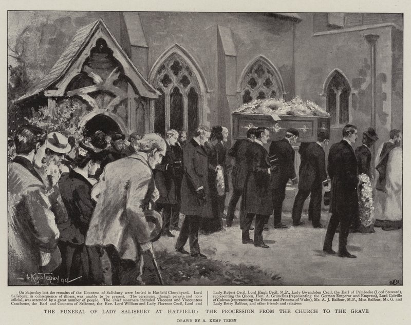 El funeral de Lady Salisbury en Hatfield, la procesión desde la iglesia hasta la tumba de Arthur Kemp Tebby