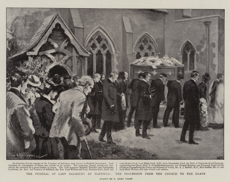 El funeral de Lady Salisbury en Hatfield, la procesión desde la iglesia hasta la tumba (litografía) de Arthur Kemp Tebby
