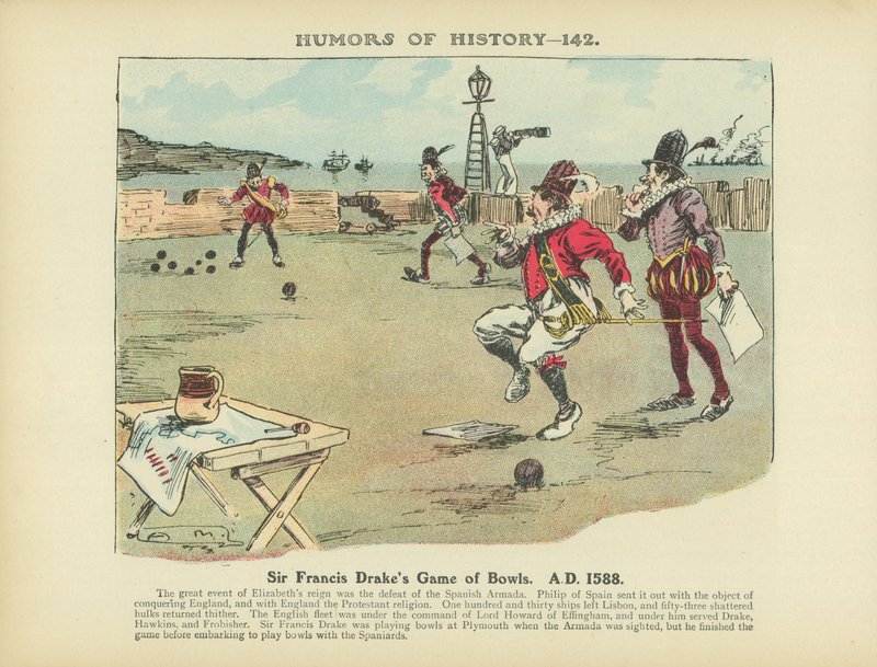 El juego de bolos de Sir Francis Drake. 1588 d.C. (litografía en color) de Arthur Moreland