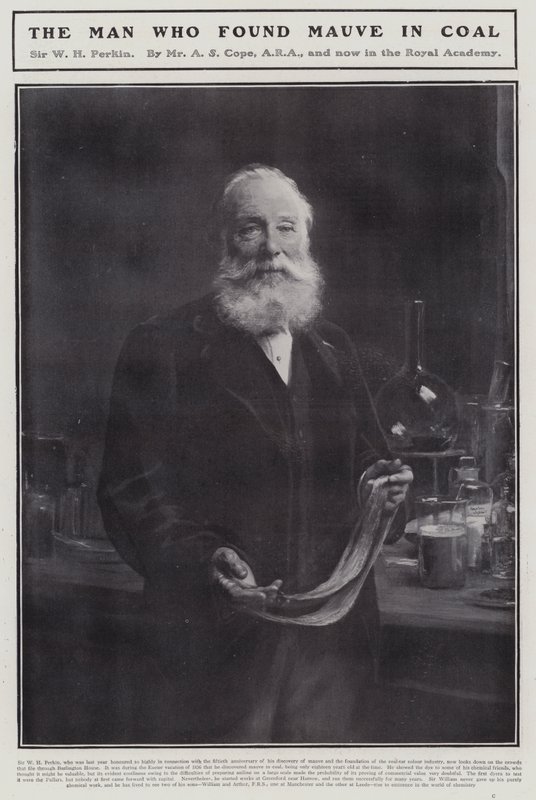 William Henry Perkin, químico inglés que descubrió el primer tinte orgánico sintético, la mauveína de Arthur Stockdale Cope