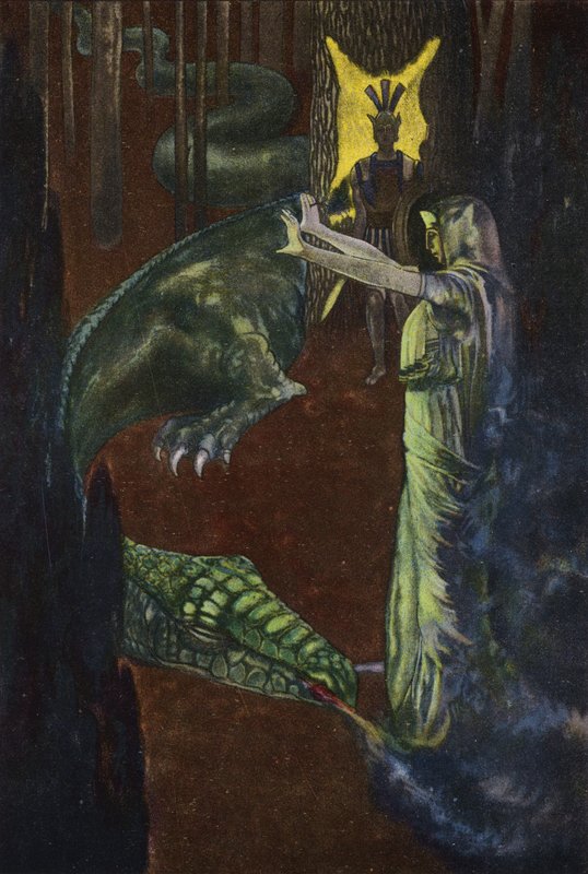 Jason observando a Medea poner a dormir al dragón que custodia el vellocino de oro de Artus Scheiner