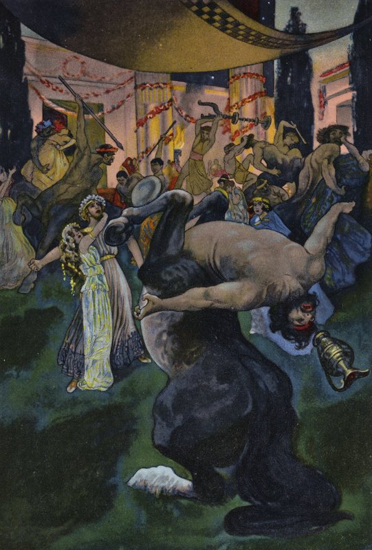 Sátiros interrumpiendo el banquete de bodas de Orfeo y Eurídice, escena de Orfeo en el inframundo de Artus Scheiner