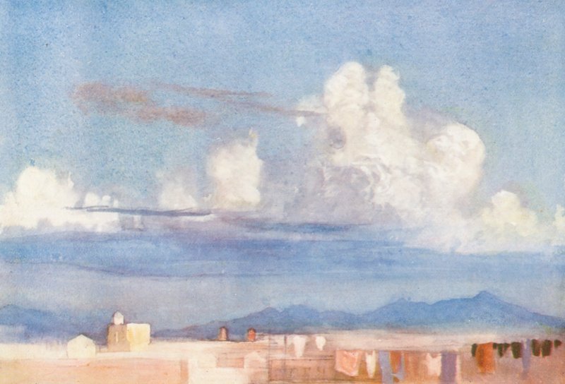 Roma: Montañas Albanas desde un tejado (litografía en color) de Aubrey Waterfield