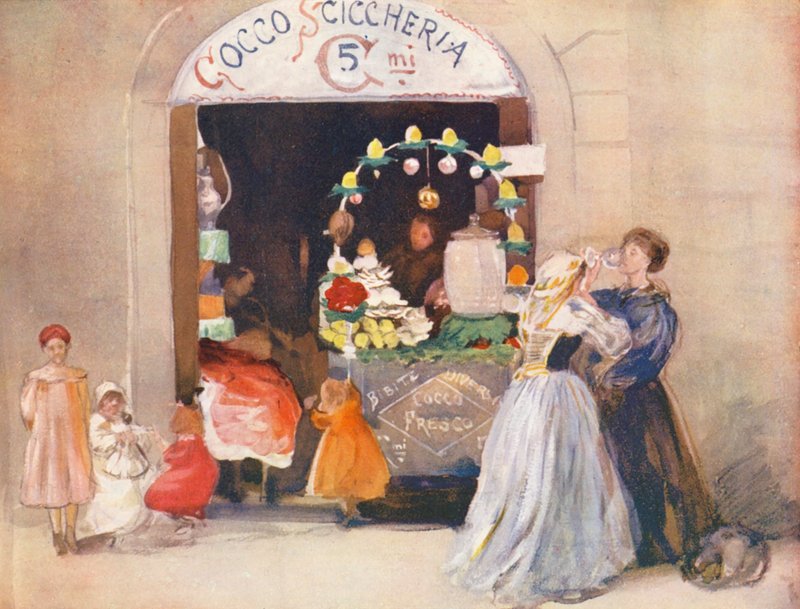 Roma: Tienda de bebidas de verano (litografía en color) de Aubrey Waterfield