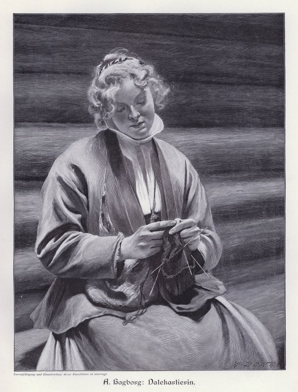 Retrato de una mujer tejiendo (grabado) de August Wilhelm Nikolaus Hagborg