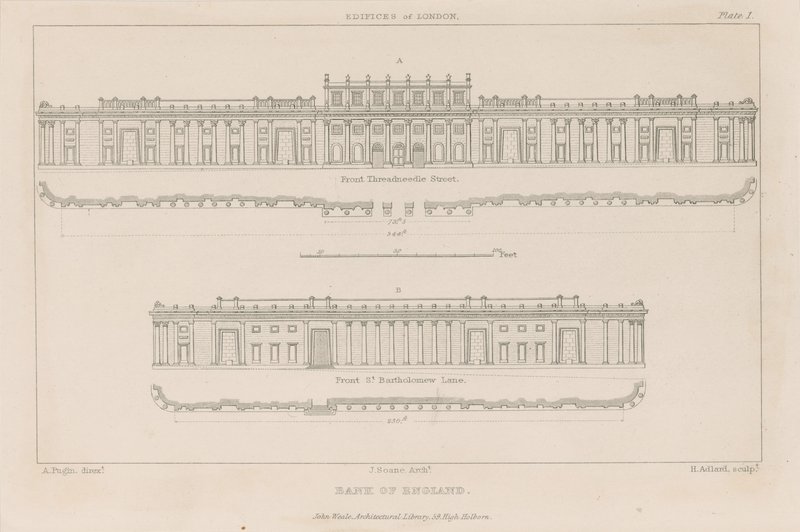 Banco de Inglaterra, fachada sur de Sir John Soane, 1823 de Augustus Charles Pugin