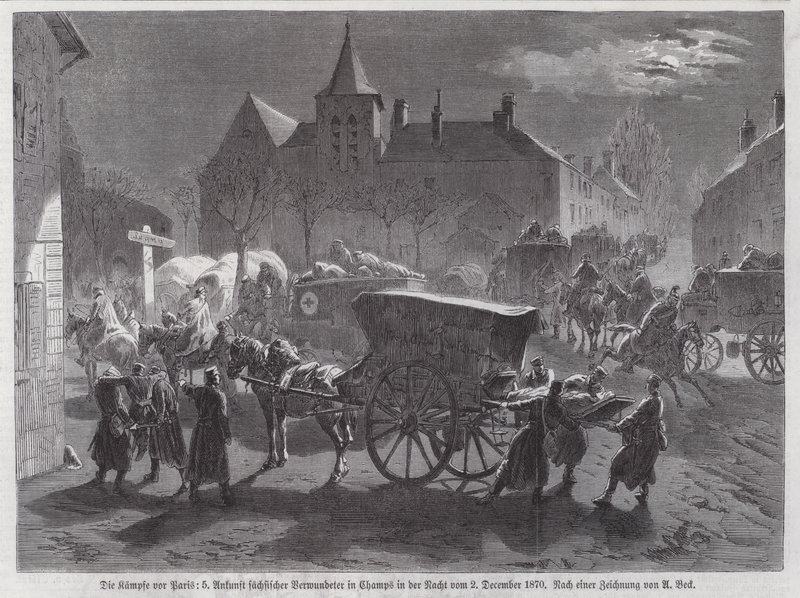 Llegada de soldados sajones heridos en las batallas fuera de París, Guerra Franco-Prusiana, 2 de diciembre de 1870 de Augustus J. Beck