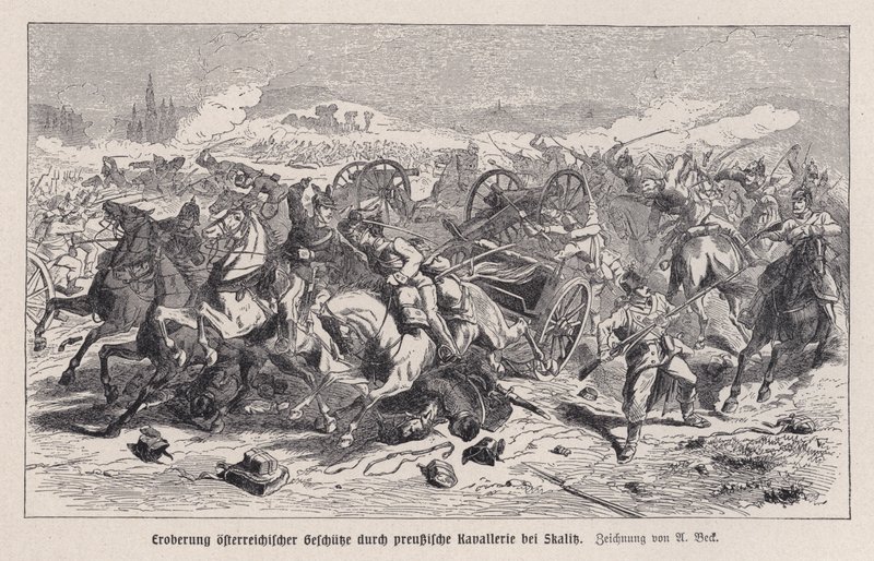 Cañones austriacos capturados por la caballería prusiana en la Batalla de Skalitz, Bohemia, Guerra Austro-Prusiana de Augustus J. Beck