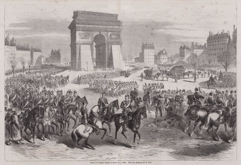 Tropas alemanas entrando en París después del fin de la Guerra Franco-Prusiana de Augustus J. Beck