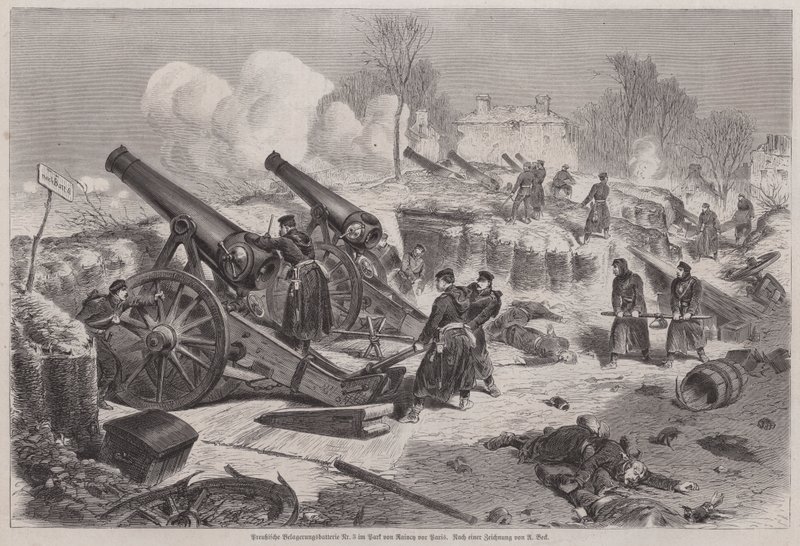 Batería de asedio prusiana en el parque de Le Raincy durante el Sitio de París, Guerra Franco-Prusiana de Augustus J. Beck
