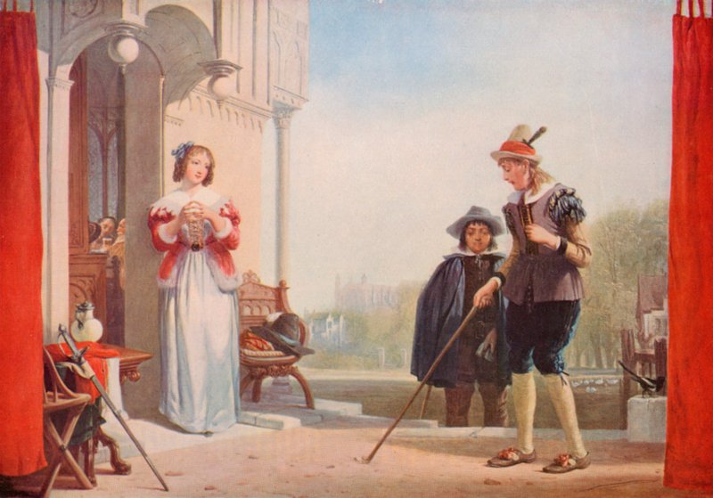 Shakespeare: Slender y Anne Page, The Marry Wives of Windsor, Acto I, Escena 1 (litografia en color) de Augustus Wall (after) Callcott