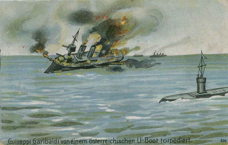 Hundimiento del crucero italiano Giuseppe Garibaldi por el submarino austriaco U-4, Primera Guerra Mundial, 18 de julio de 1915 de Austrian School
