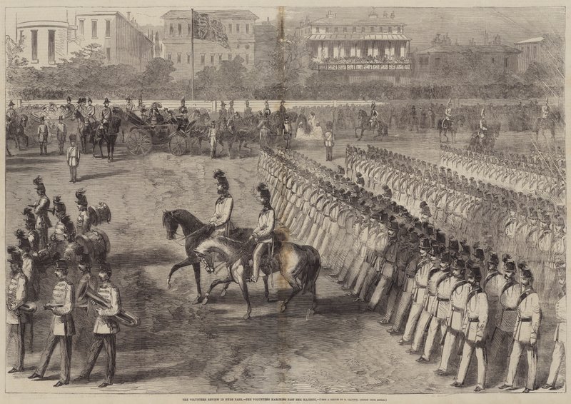 La revisión de voluntarios en Hyde Park, los voluntarios desfilando ante Su Majestad de B. Clayton