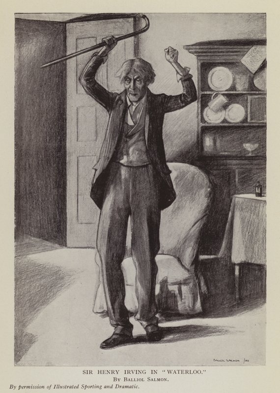 El actor inglés Henry Irving en la obra Waterloo de Arthur Conan Doyle (litografía) de Balliol (after) Salmon