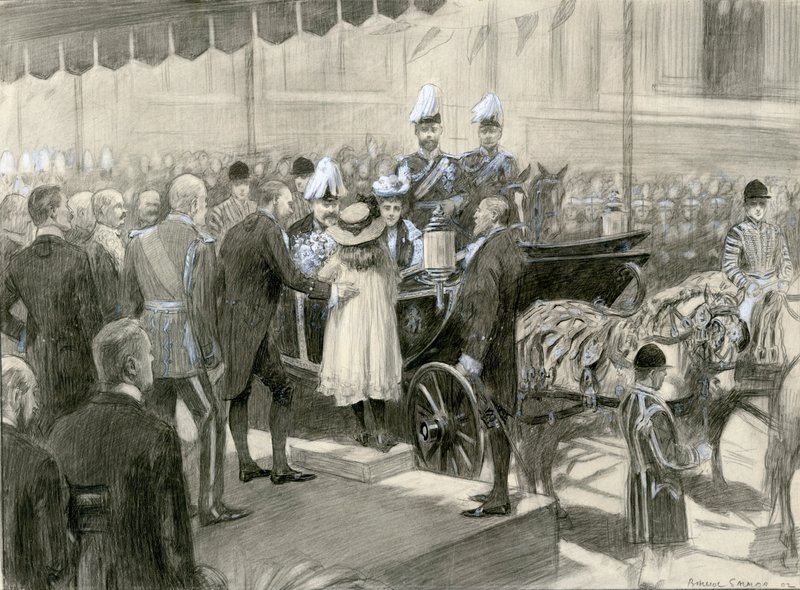 El Rey Eduardo VII y la Reina Alexandra - Stand del Consejo del Condado de Londres en Trafalgar Square, 24 de octubre de 1902 (acuarela sobre papel) de Balliol (after) Salmon