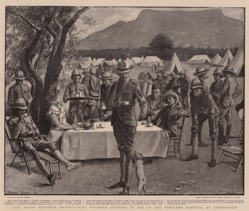 Lady Henry Bentinck invita a oficiales heridos a tomar el té en el Hospital Portland de Rondebosch (litografía) de Balliol (after) Salmon