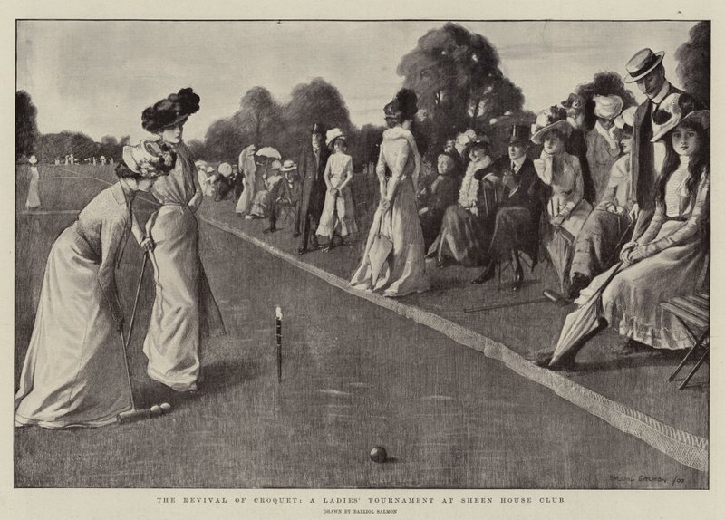 El renacimiento del croquet, torneo femenino en el Sheen House Club (litografía) de Balliol (after) Salmon