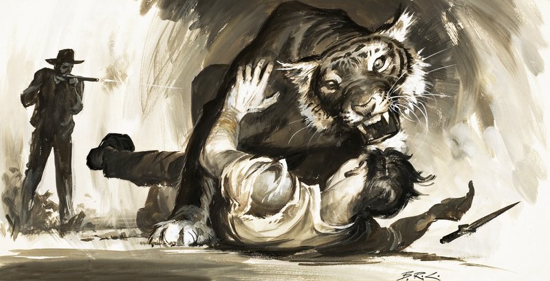 Tigre atacando a un cazador de Barrie Linklater
