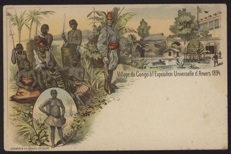 Aldea congoleña exhibida en la Exposición Internacional de Amberes, Bélgica, 1894 de Belgian School