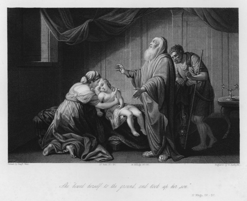 El hijo de la sunamita restaurado a la vida, II Reyes IV, 37 (grabado) de Benjamin (after) West