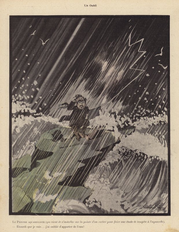 Un descuido: un acuarelista que se instala en una roca para pintar una tormenta y se lamenta de haber olvidado llevar agua (litografía) de Benjamin Rabier