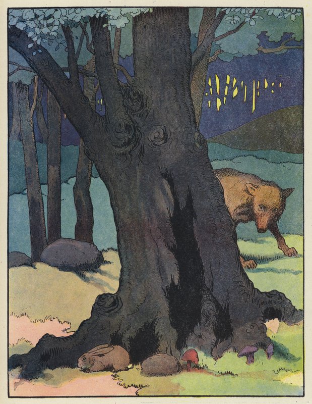 Lobo acechando a un conejo de Benjamin Rabier