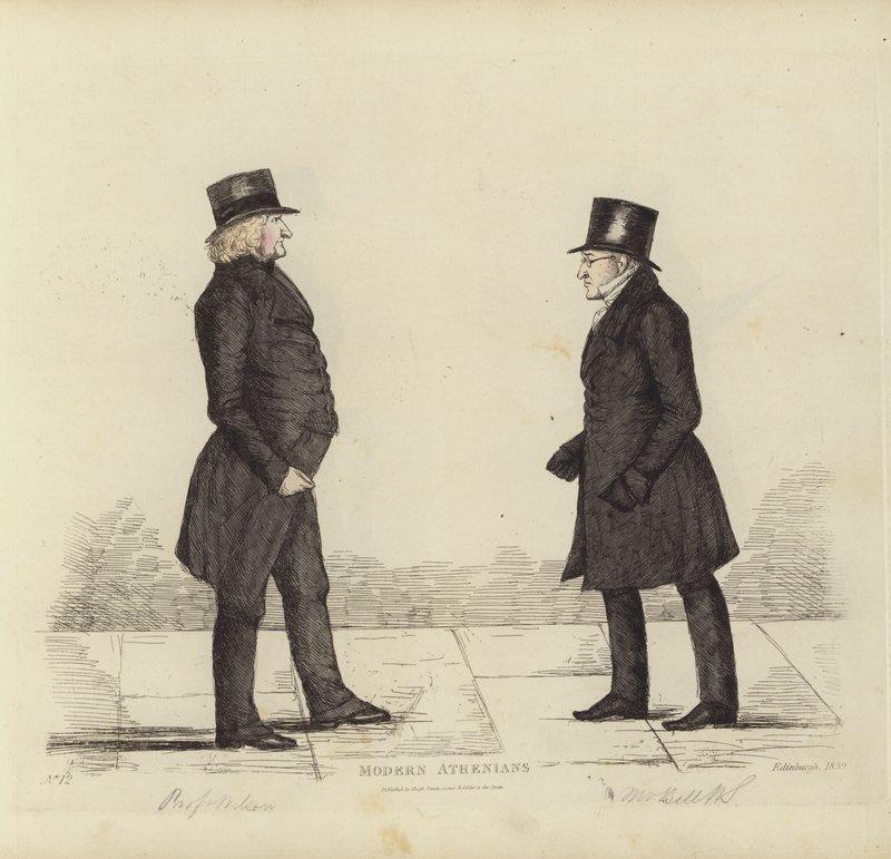 Eminentes edimburgueses, también conocidos como atenienses modernos, John Wilson, Esq, profesor de filosofía moral, George Joseph Bell, Esq, profesor de derecho escocés (grabado en color) de Benjamin William Crombie