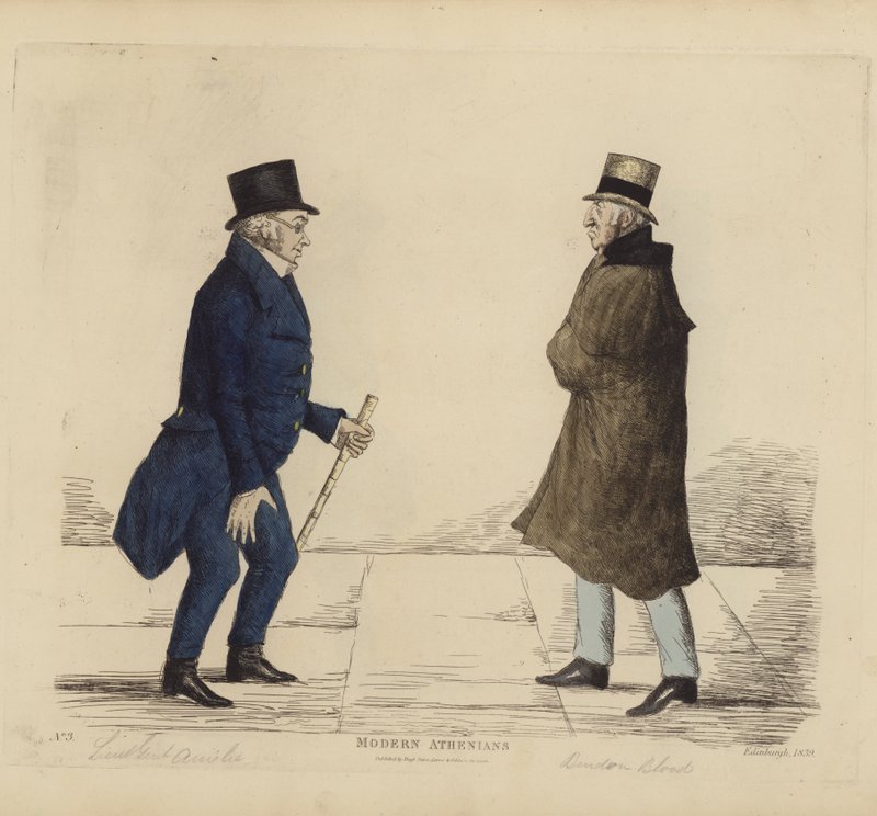 Eminent Edinburghians, aka Modern Athenians, Lieutenant-General George R Ainslie, Bindon Blood, Esq, of Cranacher (grabado en color) de Benjamin William Crombie