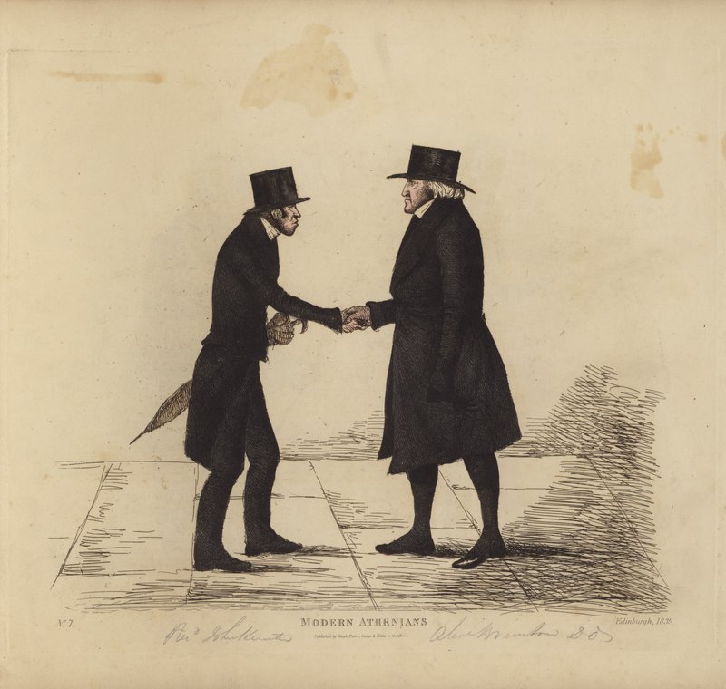 Eminentes edimburgueses, también conocidos como atenienses modernos, el reverendo John Hunter, MA, de la iglesia de Tron, el reverendo Dr. Brunton, su colega, profesor de hebreo, etc. (grabado en color) de Benjamin William Crombie