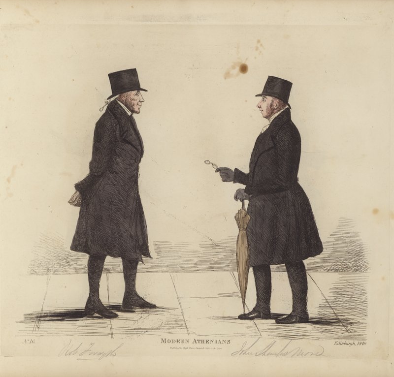 Eminent Edinburghians, aka Modern Athenians, Robert Forsyth, Esq, Advocate, John Shank More, Esq, LLD, Advocate (grabado en color) de Benjamin William Crombie