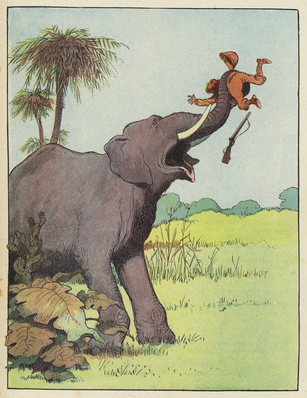Elefante atacando a un cazador de Benjamin Rabier