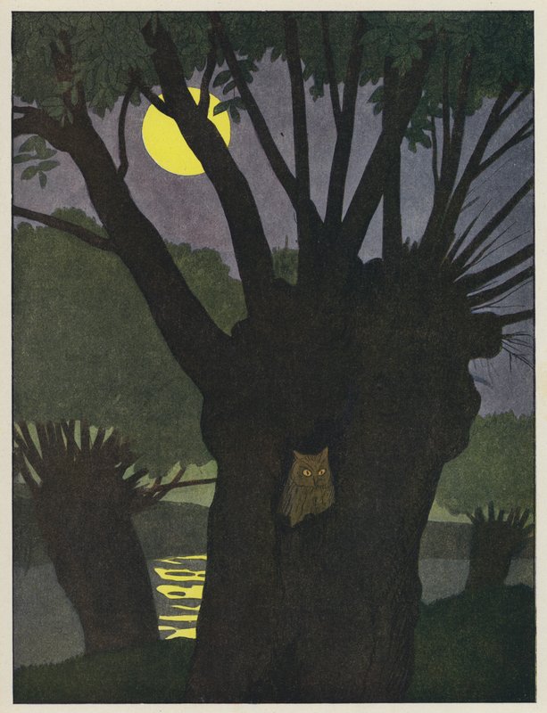 Búho en un agujero en un árbol en una noche de luna de Benjamin Rabier