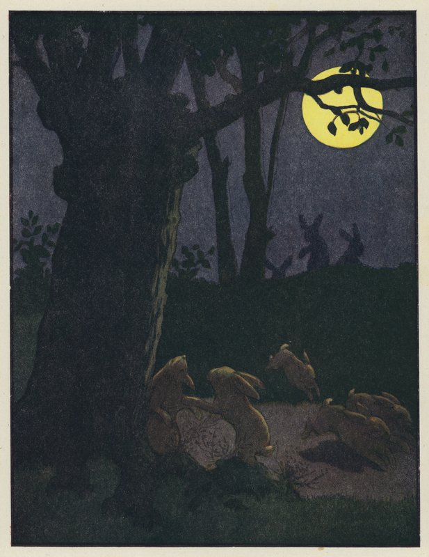 Conejos bajo un árbol en una noche de luna de Benjamin Rabier