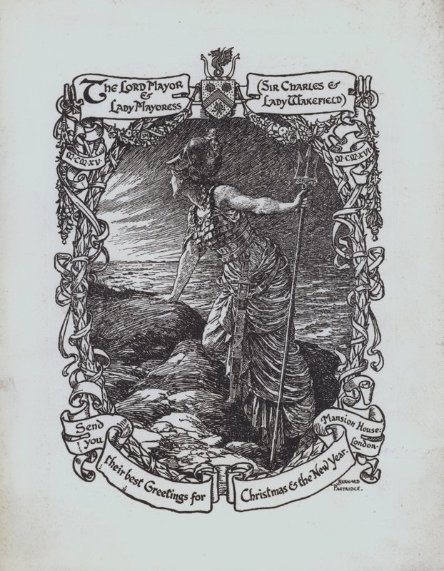 Britannia mirando al mar, tarjeta de felicitación navideña de la Primera Guerra Mundial del alcalde y la alcaldesa de Londres, Sir Charles y Lady Wakefield de Bernard (after) Partridge