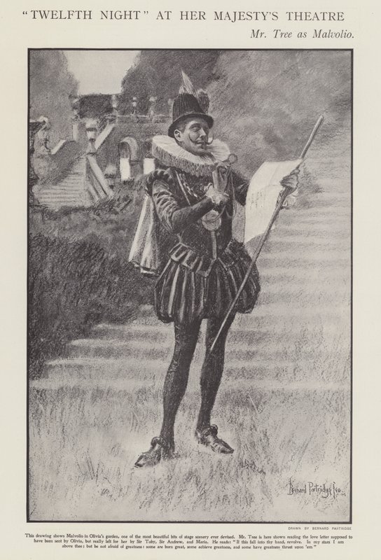 Herbert Beerbohm Tree como Malvolio en una producción de Noche de Reyes de Shakespeare en el Teatro de Su Majestad, Londres de Bernard (after) Partridge